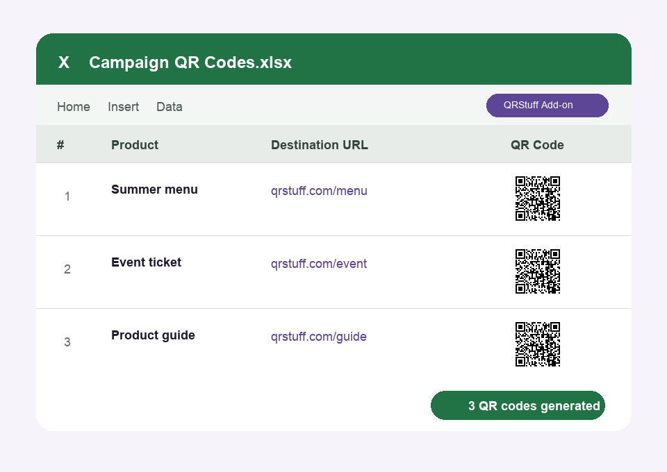 Lignes d’une feuille Excel converties en codes QR avec l’add-on QRStuff