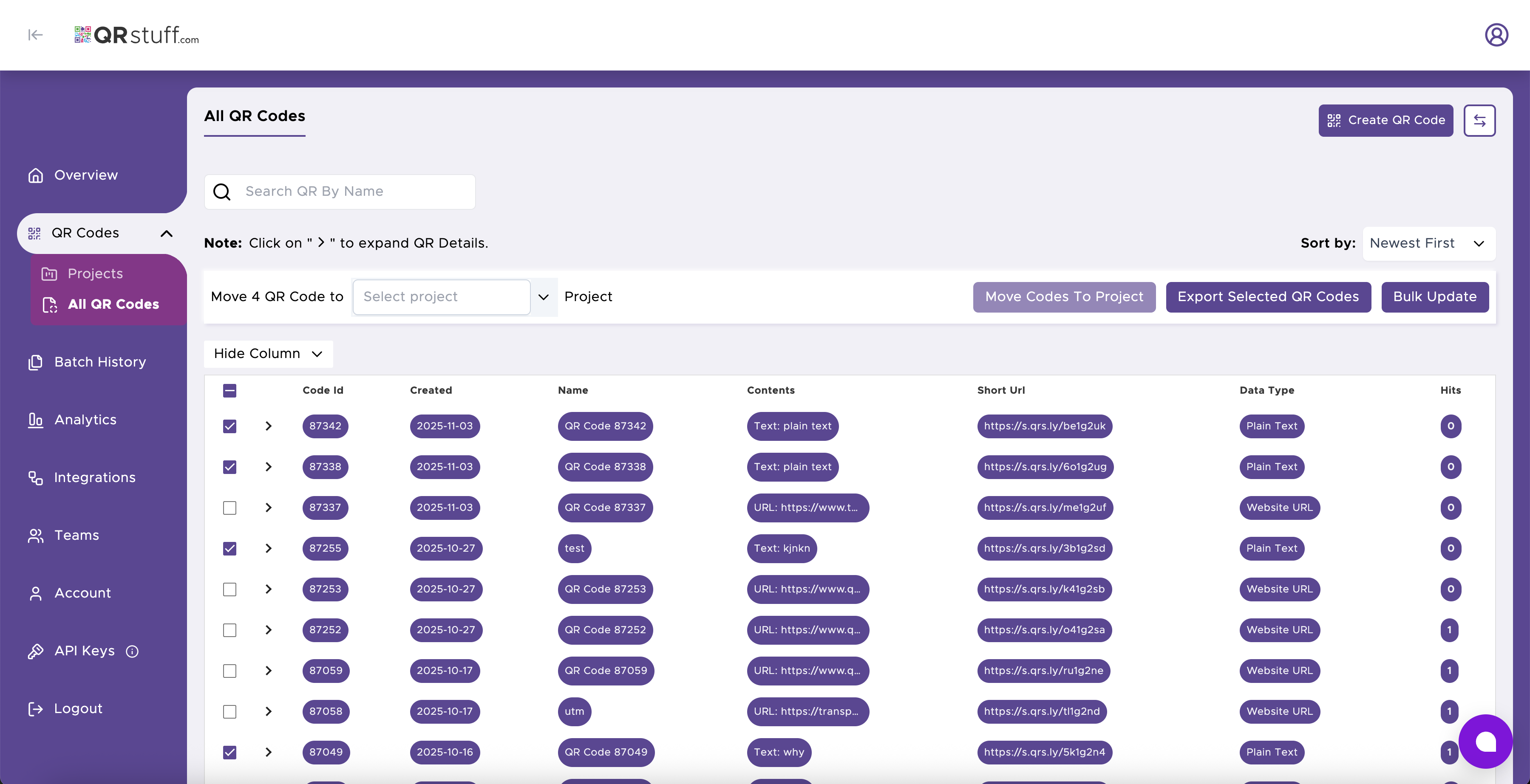 Screenshot of the QRStuff dashboard showing selected QR Codes and the 'Export Selected QR Codes' button.