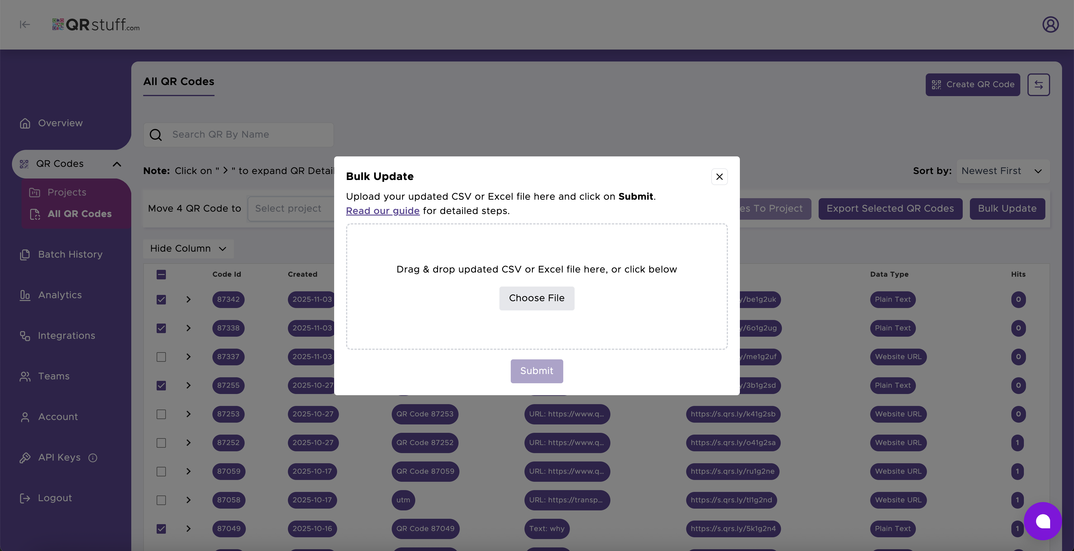 Screenshot of the Bulk Update upload modal/popup, ready to submit the Excel file.