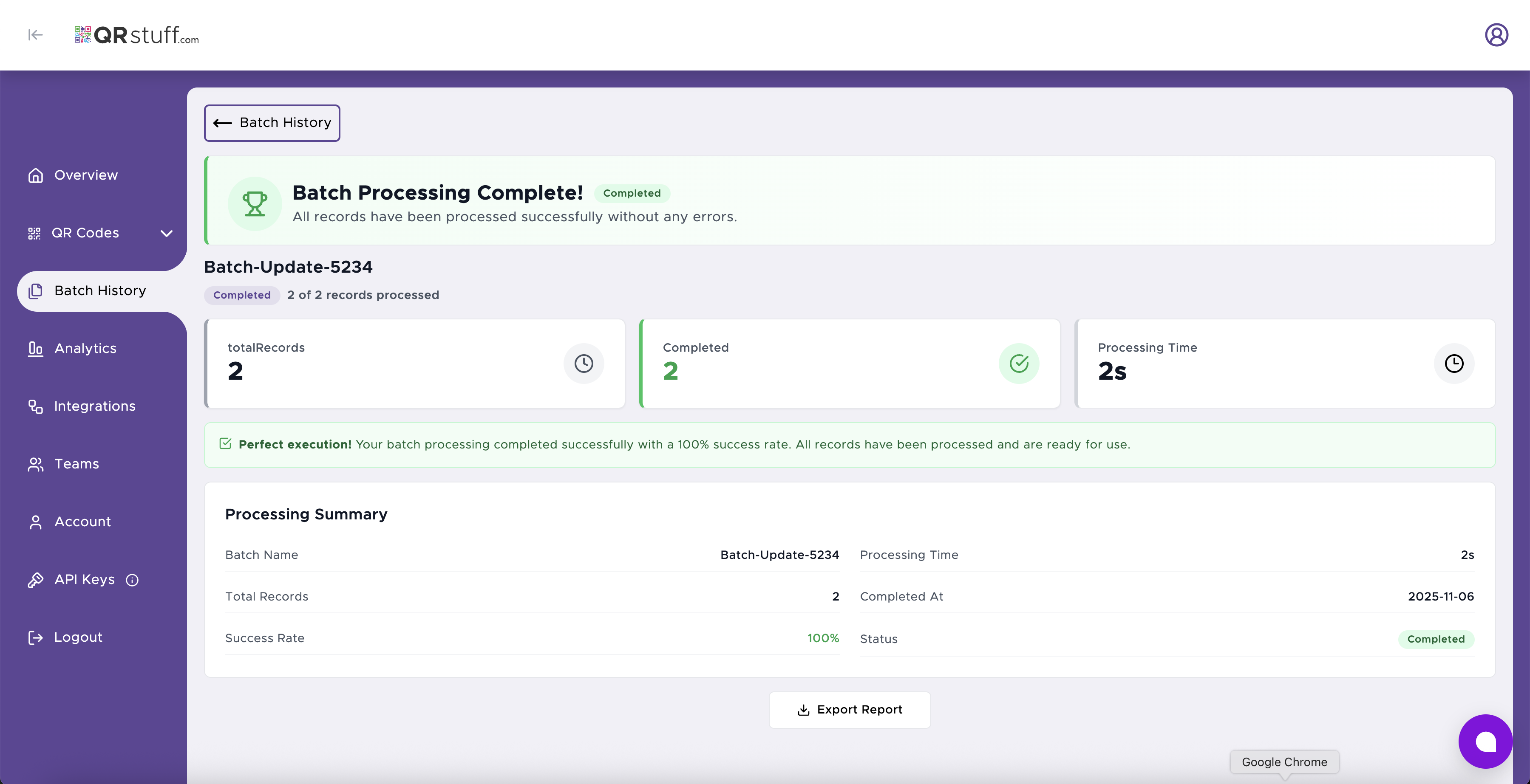 Screenshot of the Batch History page, showing a completed job status and the 'Export Report' button.