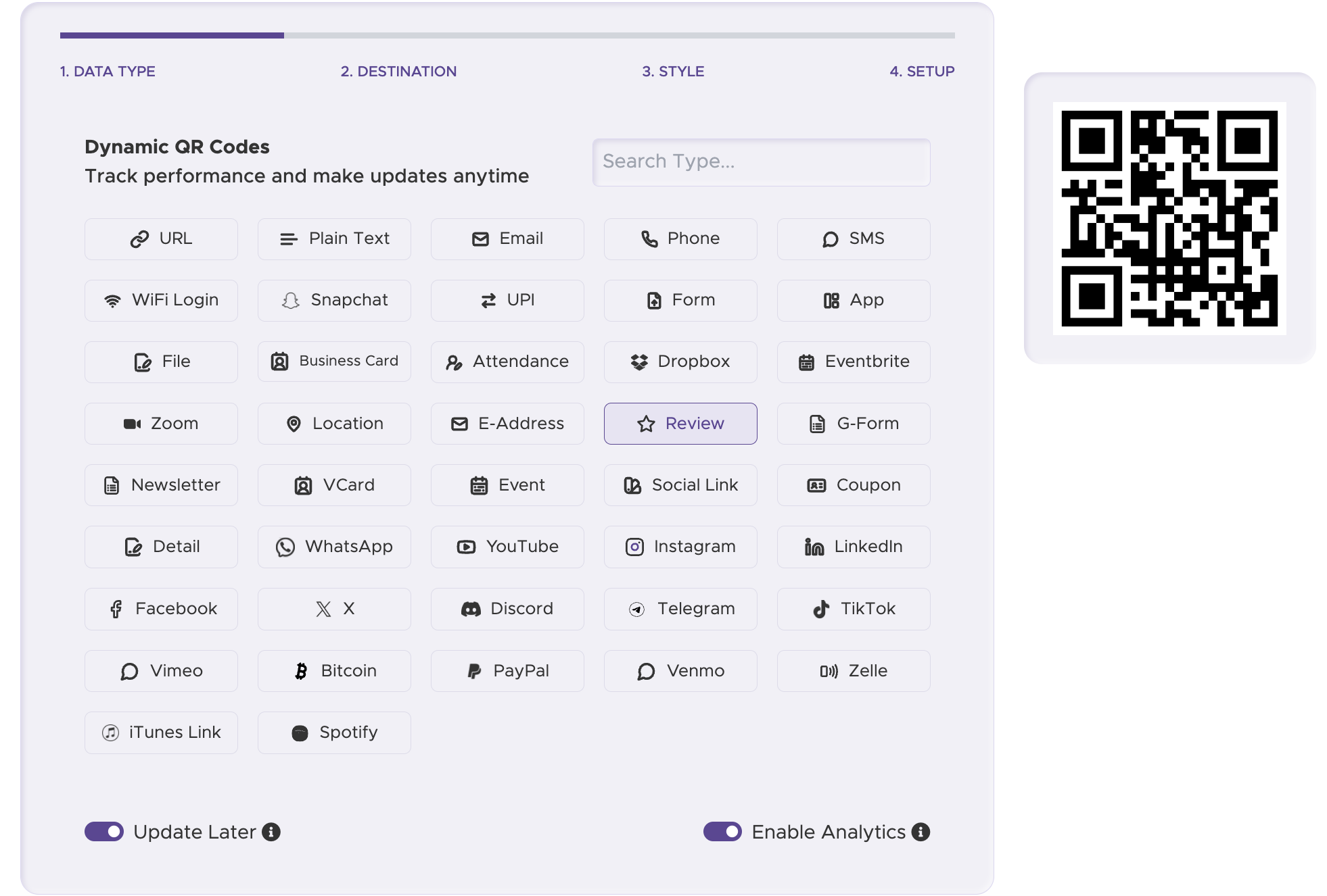 Étape 1 : Sélectionnez le type de code QR approprié