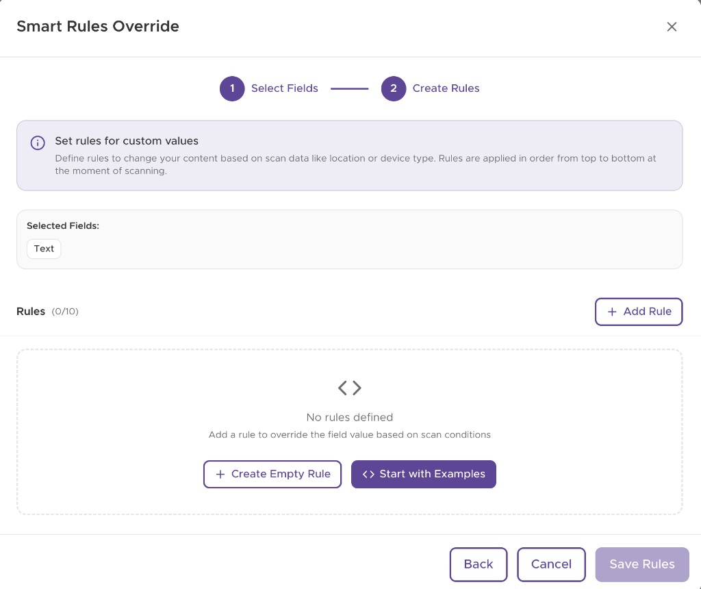 QRStuff dashboard dialog: Create Rules step with Create Empty Rule and Start with Examples options
