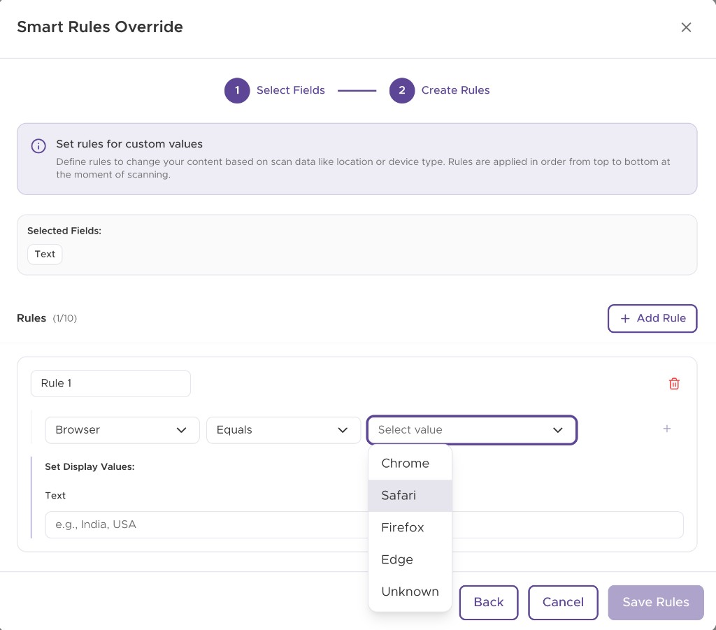 Smart Rules value dropdown showing Chrome, Safari, Firefox, Edge and Unknown