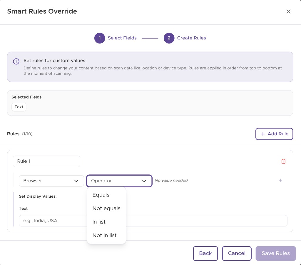 Smart Rules operator dropdown showing Equals, Not equals, In list and Not in list