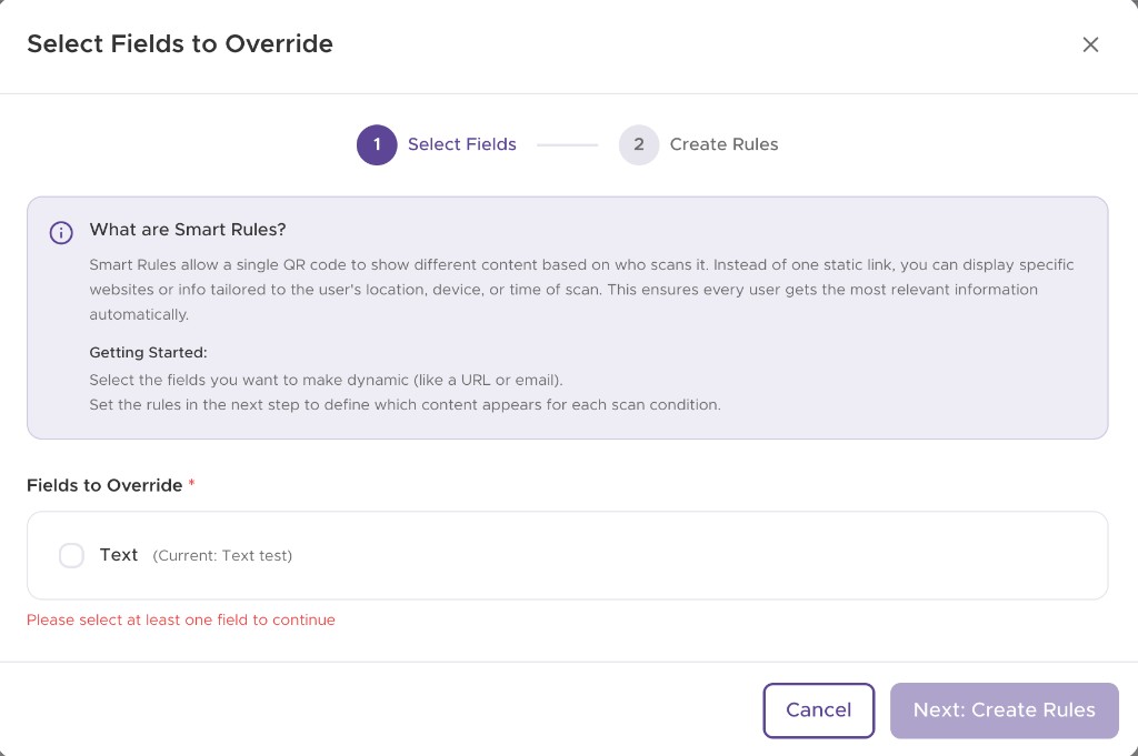 QRStuff dashboard dialog: Select Fields to Override, step 1 of Smart Rules setup